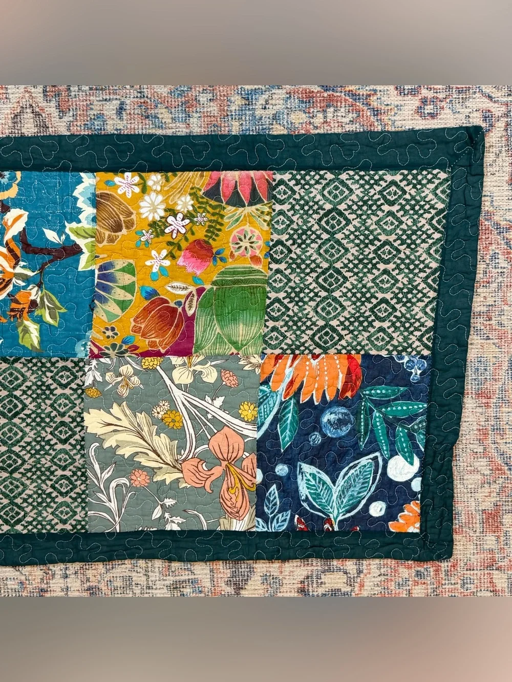 Boho Kantha Style Patchwork Pillow Cover 42x23 Quilted Floral Lumbar Hippie